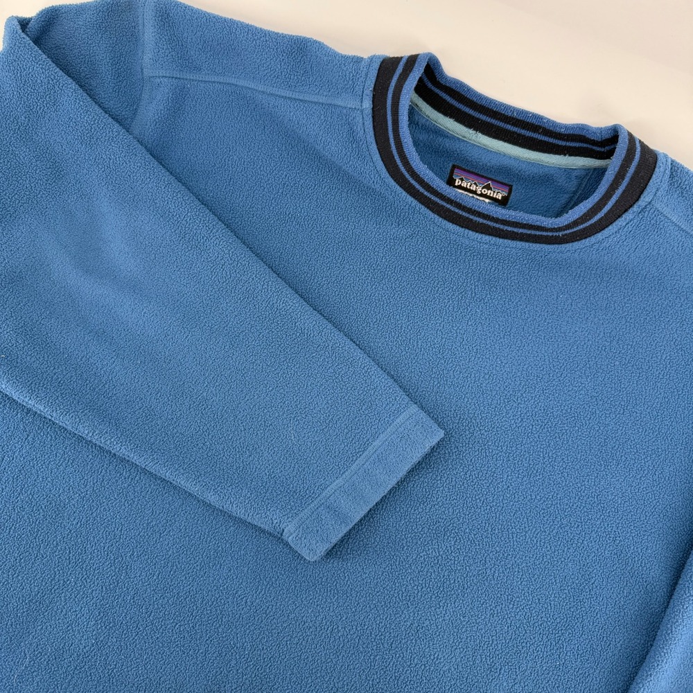 Vintage Patagonia Fleece Pullover Mens XL Blue Synchilla Crew Neck Stripe Rhythm